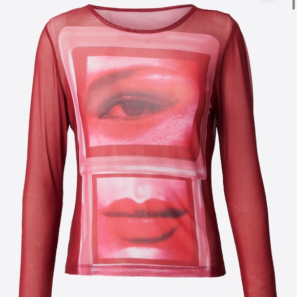 NWOT About You Bella Hadid Red Graphic Print Mesh Long Sleeve Top Size Medium - Picture 1 of 11